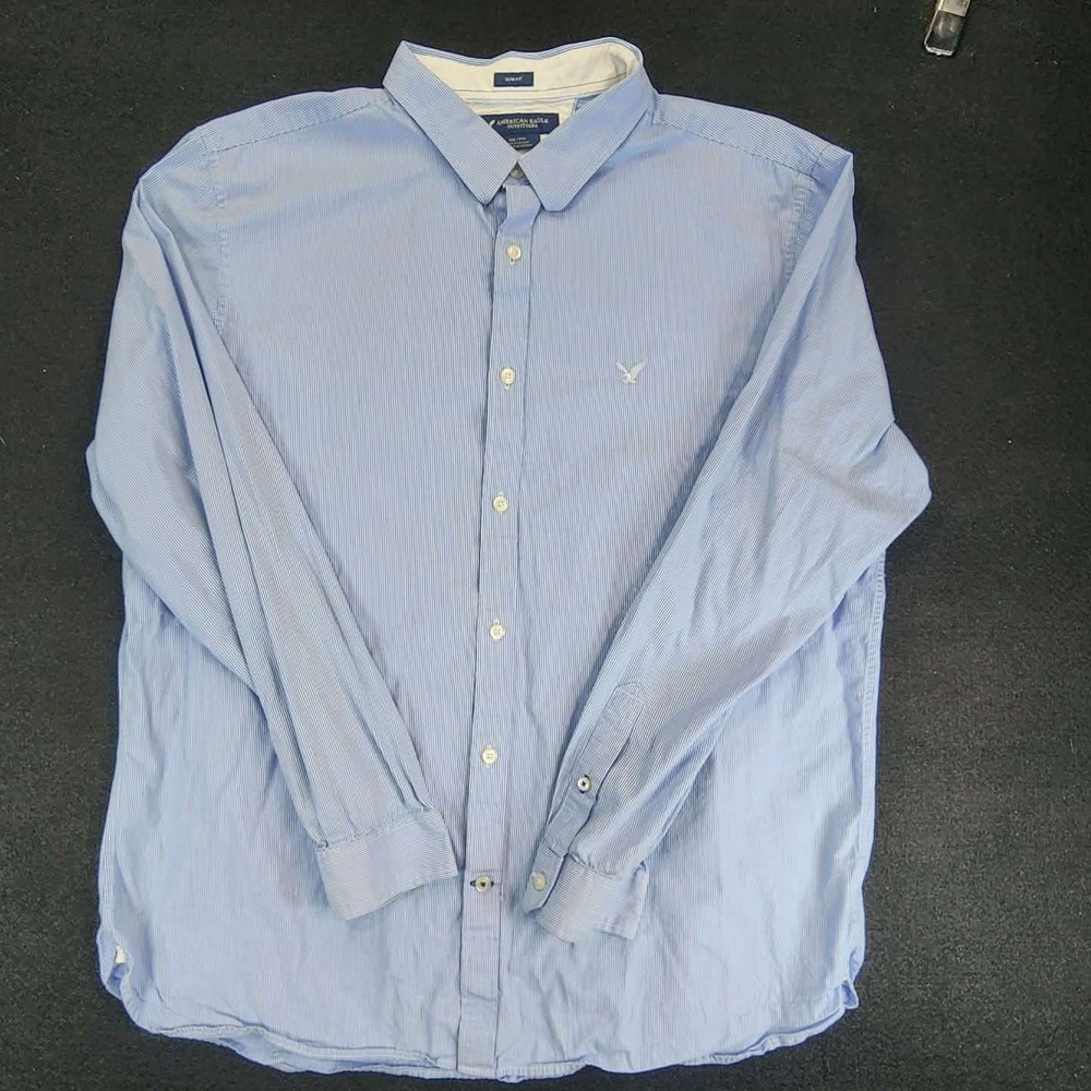 American Eagle‎ Button Down Mens 2XL Blue Pinstripe Long Sleeve Dress Shirt